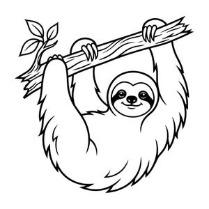 Può includere: Illustrazione in bianco e nero di un bradipo appeso a un ramo d'albero. Il bradipo ha un volto sorridente e si aggrappa al ramo con gli artigli. Un piccolo ramo con foglie è sul lato sinistro dell'immagine.