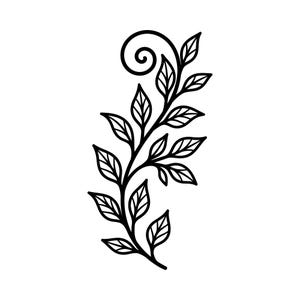 May include: A black and white illustration of a stylized botanical design. The design features a central stem with multiple leaves and a curled spiral at the top. The leaves have detailed veining.