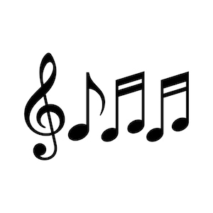 May include: Black musical notes and a treble clef on a white background. The musical notes include a quarter note, two eighth notes, and a half note. The treble clef is on the left side of the image.