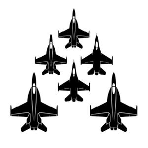 Puede incluir: Gráfico en blanco y negro de seis aviones de combate en formación. Los aviones se ven desde arriba, con sus alas y colas claramente visibles. La imagen está sobre un fondo blanco.
