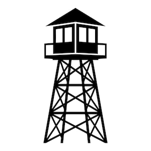 May include: Black and white illustration of a watchtower. The tower has a square structure at the top with two windows and a sloped roof. The base is a lattice of crisscrossing beams.