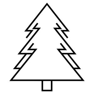 May include: A black and white line drawing of a Christmas tree. The tree has a triangular shape with zig-zag branches and a rectangular trunk. The image is a simple, minimalist design.