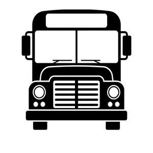 May include: A black and white illustration of a school bus. The bus has a rectangular shape with a flat roof, large front windows, and a prominent grill. Headlights and side mirrors are also visible.