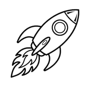 May include: Black and white illustration of a rocket ship with flames. The rocket has a streamlined body, a circular window, and fins. The flames are stylized and emanate from the engine.