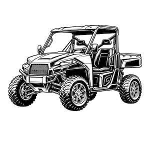 Puede incluir: Ilustración en blanco y negro de un vehículo utilitario todoterreno. El vehículo tiene neumáticos grandes y robustos, una jaula antivuelco y una caja de carga. El diseño es detallado, con faros, una parrilla y asientos visibles.