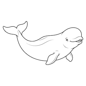 Pode incluir: Ilustração a preto e branco de uma beluga. A baleia é retratada em perfil, com um corpo curvo, barbatanas pequenas e uma cabeça arredondada. A boca da baleia está ligeiramente aberta, dando-lhe uma aparência sorridente.