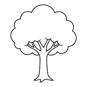 May include: A black and white line drawing of a tree. The tree features a sturdy trunk, multiple branches, and a full, rounded crown of leaves. The outline is clean and simple, suitable for colouring or design.