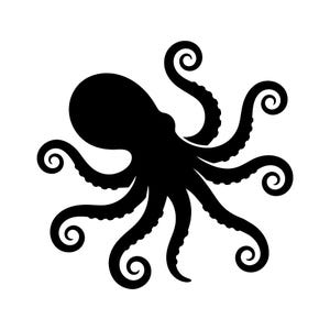Puede incluir: Silueta negra de un pulpo sobre fondo blanco. El pulpo tiene una cabeza redondeada y ocho tentáculos rizados. Los tentáculos están dispuestos simétricamente alrededor del cuerpo, cada uno terminando en espiral.