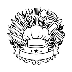 Pode incluir: Ilustração a preto e branco de um chapéu de chef rodeado por utensílios de cozinha: facas, garfos, colher, espátula, rolo e batedor. As chamas circundam o chapéu e os utensílios, com uma faixa abaixo com três estrelas.