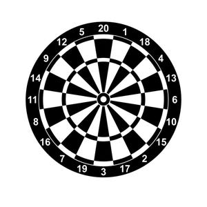 May include: A classic dartboard design in black and white. The board has numbers from 1 to 20 around the edge, with a central bullseye and segmented areas for scoring.