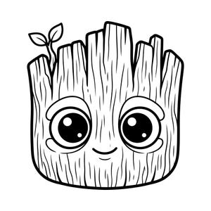 Può includere: Illustrazione a fumetti in bianco e nero di un personaggio sorridente simile a un albero con grandi occhi e un piccolo germoglio in cima. Il personaggio ha una consistenza legnosa e un'espressione amichevole.