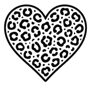 May include: A black and white heart-shaped graphic. The heart is outlined in black and filled with a leopard print pattern. The leopard spots are black and vary in size and shape, creating a bold and eye-catching design.