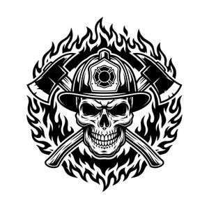 May include: Black and white illustration of a skull wearing a firefighter helmet with crossed axes. The skull is surrounded by flames, creating a bold and striking design. The helmet features a Maltese cross emblem.