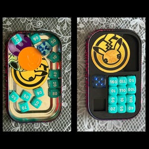 May include: A comparison of a game accessory storage container. The left side labeled Before shows a metal tin filled with loose damage counter dice and tokens. The right side labeled After shows a black organizer insert holding the same items.
