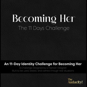May include: A digital tablet shows the text "Becoming Her: The 11 Days Challenge." The screen is black with white text. The top of the image reads "An 11-Day Identity Challenge for Becoming Her." The bottom of the image reads "Designed to help you reset your habits."