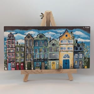 Färgglad målning av europeiska radhus, originell stadslandskapskonst, handmålad, fantasifull heminredning