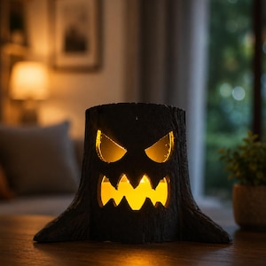 May include: A dark brown, textured tree stump lantern featuring a carved, jagged face with glowing yellow light emanating from the triangular eyes and sharp, pointed teeth. The hollowed-out stump serves as a decorative light fixture.