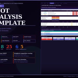 May include: A dark blue SWOT Analysis Template graphic with white text. The text includes "SWOT ANALYSIS TEMPLATE", "The consulting-grade toolkit", and "8 tabs. 197 live formulas." The image also contains tables and charts.