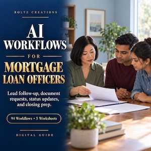 May include: A digital guide titled AI WORKFLOWS FOR MORTGAGE LOAN OFFICERS by BOLTZ CREATIONS. The text lists 94 Workflows and 5 Worksheets, with a subtitle describing lead follow-up, document requests, status updates, and closing prep.