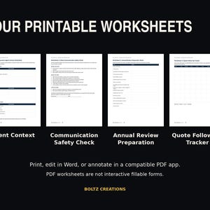 May include: Four printable worksheets titled Agent Context, Communication Safety Check, Annual Review Preparation, and Quote Follow-Up Tracker. The text states: Print, edit in Word, or annotate in a compatible PDF app. PDF worksheets are not interactive fillable forms. BOLTZ CREATIONS.