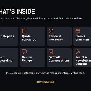 May include: A black graphic display titled WHAT'S INSIDE featuring 66 prompts across 19 workflow groups and five insurance lines. Eight dark gray squares contain orange icons and text: Lead Replies, Quote Follow-Up, Renewal Messages, Claims Check-Ins, Client Onboarding, Review Recaps, Difficult Conversations, and Social & Newsletter Content. Bottom text reads: Plus scheduling, referrals, policy-change recaps and internal writing tools. BOLTZ CREATIONS.