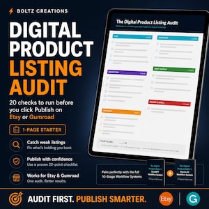 May include: A digital product listing audit checklist displayed on a tablet screen, featuring 20 checks for Etsy or Gumroad. The text includes 'Digital Product Listing Audit', '1-Page Starter', 'Audit First. Publish Smarter', and two small book icons.