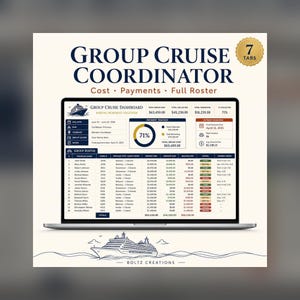 Könnte beinhalten: Ein digitales Group Cruise Coordinator Dashboard auf einem Laptop-Bildschirm mit einer Gruppenliste, einem Zahlungs-Tracker und einer Finanzübersicht. Die Benutzeroberfläche enthält Textüberschriften wie Group Cruise Dashboard, 7 Tabs und Boltz Creations.