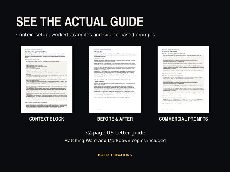 May include: A 32-page US Letter guide titled SEE THE ACTUAL GUIDE, featuring sections labeled CONTEXT BLOCK, BEFORE & AFTER, and COMMERCIAL PROMPTS. The document includes worked examples and source-based prompts, with matching Word and Markdown copies provided by BOLTZ CREATIONS.