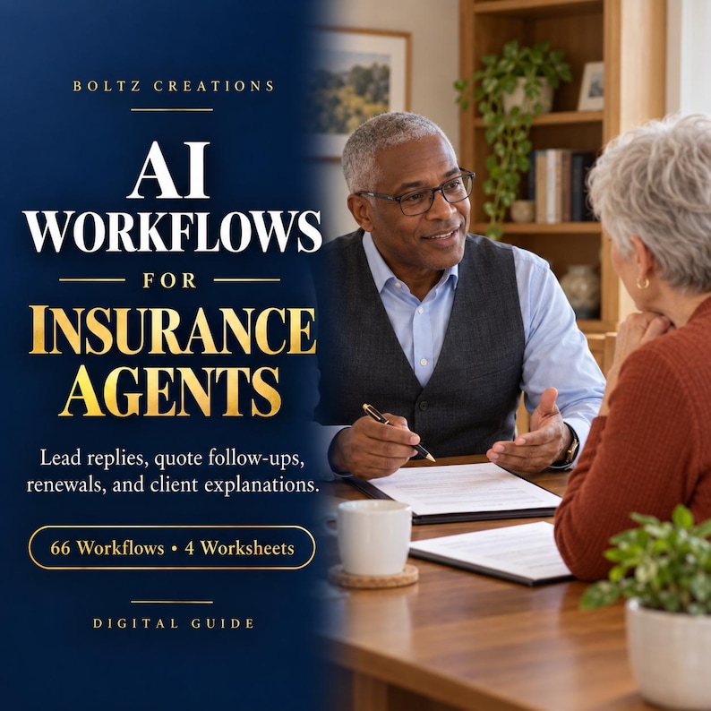 May include: A digital guide titled AI Workflows for Insurance Agents by Boltz Creations. The text lists lead replies, quote follow-ups, renewals, client explanations, 66 workflows, and 4 worksheets. A person in a vest sits at a desk with documents.