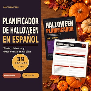 Può includere: Un set di pianificatori digitali per Halloween con 39 pagine in 5 file PDF. La copertina mostra il testo "HALLOWEEN PLANIFICADOR" e "PLAN DE TRUCO O TRATO" con accenti arancioni e neri, per formati carta letter e A4.