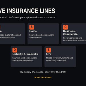 May include: A black infographic titled FIVE INSURANCE LINES with five labeled boxes A through E. Each box lists specific insurance categories including Auto, Home, Business/Commercial, Liability & Umbrella, and Life with descriptive text.