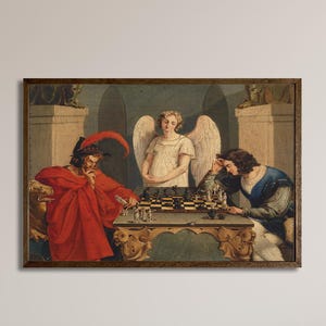 Faust And Mephistopheles Chess Painting Print, Angel And Devil Wall Art, Gothic Fantasy Canvas, Symbolist Art Decor