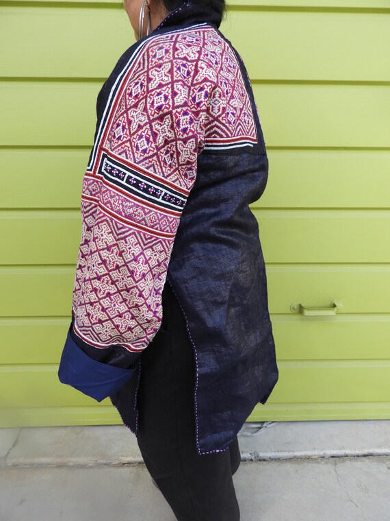 Black Hmong Woman's Hemp & Indigo Jacket with Sil… - image 2