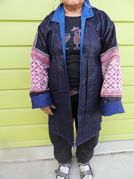 Black Hmong Woman's Hemp & Indigo Jacket with Sil… - image 1