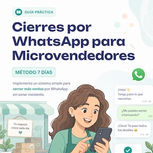 Peut inclure: Une illustration d'un guide intitulé "Cierres por WhatsApp para Microvendedores" (Clôtures via WhatsApp pour les micro-vendeurs). L'image présente une femme utilisant un smartphone, avec des bulles de chat et des icônes WhatsApp, et du texte en espagnol.