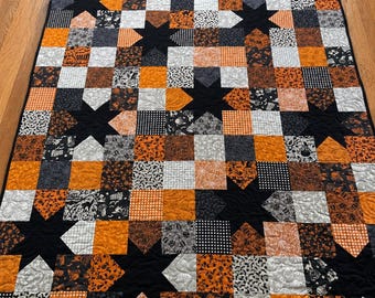 Handmade Halloween Throw Quilt | Pumpkin & Spider Web Patchwork Quilt
