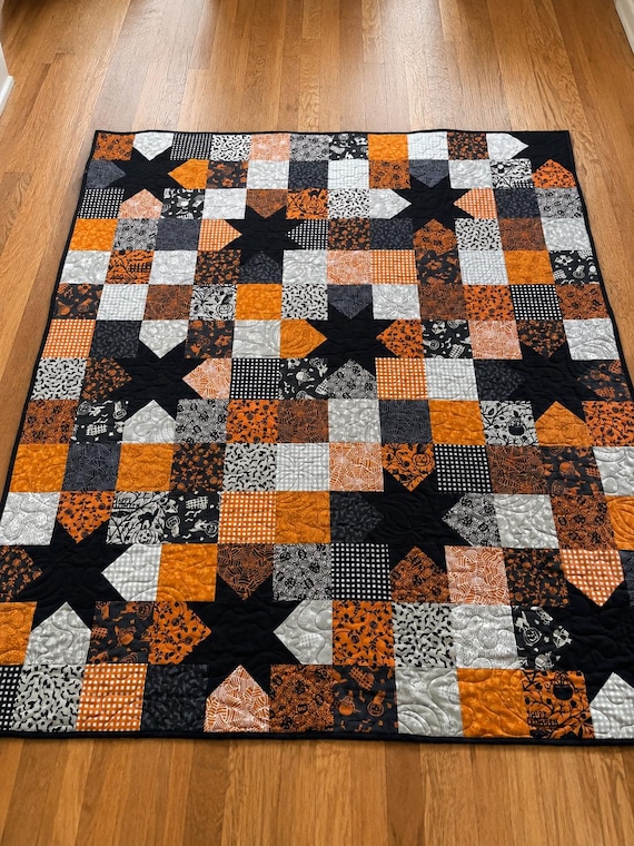 Handmade Halloween Throw Quilt | Pumpkin & Spider Web Patchwork Quilt