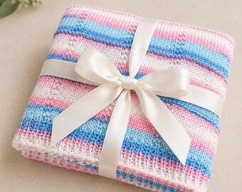 Soft Knit Baby Blanket | Pink Blue White Variegated Stripes