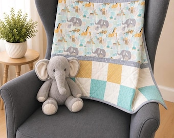 Handmade Safari Animal Baby Quilt | Elephants, Giraffes, Tigers, Turtles