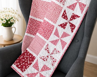 Pink Pinwheel Baby Quilt | Handmade Floral Quilt | 40x48