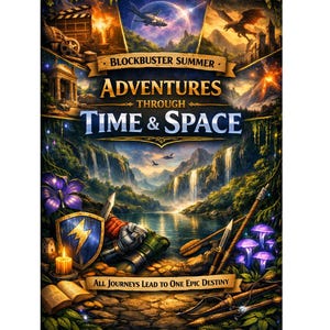 Puede incluir: Ilustración de portada de libro para "Adventures Through Time & Space". La imagen tiene un estilo cinematográfico, con un dragón, cascadas y un escudo. También se muestra el texto "Blockbuster Summer" y "All Journeys Lead to One Epic Destiny".