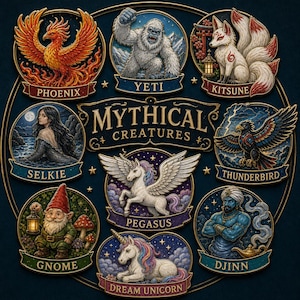 Può includere: Una targa decorativa circolare intitolata Mythical Creatures che presenta otto illustrazioni dettagliate: una fenice, uno yeti, un kitsune, una selkie, un uccello del tuono, uno gnomo, un pegaso e un unicorno, etichettati su un nastro dorato.