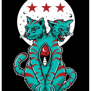 May include: A two-headed teal cat with red stripes sits in front of a white moon with three red stars. The cat's body is split open to reveal a cityscape with a crescent moon.