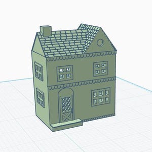 Op de afbeelding: Een lichtgroen, twee verdiepingen tellend huismodel met een schoorsteen, ramen en een voordeur. Het dak is betegeld en de ramen zijn rechthoekig. Het huis heeft een eenvoudig ontwerp, geschikt voor knutselen of tentoonstelling.