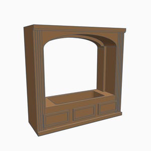 May include: A brown, rectangular, three-dimensional architectural structure featuring a central arched opening above a recessed rectangular basin. The frame includes vertical fluted columns on both sides and three rectangular panels along the base.