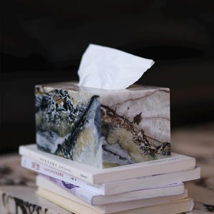 Puede incluir: Una caja para pañuelos rectangular hecha de mármol pulido con un patrón complejo de vetas blancas, negras y verde tierra. Un pañuelo blanco sobresale de la abertura superior. El nombre de la marca WU LI Marble está impreso arriba.