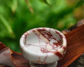 Hand‑Carved Natural Red‑Veined Marble Compote Bowl, Pedestal Stone Jewelry Tray, Tealight & Incense Holder Wabi‑Sabi Decor
