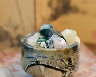 Natural Ocean Jasper Stone Diffuser Bowl, Hand‑Carved Aroma Vessel, Reed‑Free Scent Dish, Wabi‑Sabi Tabletop Decor,Bedroom Room Aromatherapy