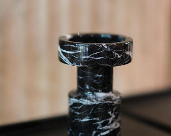 Hand‑Carved Black Marble Taper Candle Holder, Natural Veined Stone Candlestick, Luxury Table Home Decor