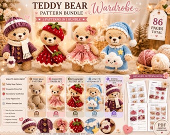Ubranka amigurumi, Miś szydełkowy, Ubranka dla misia, Wzór na misia, Pakiet ubranek dla misia, Wzór na szydełko w formacie PDF